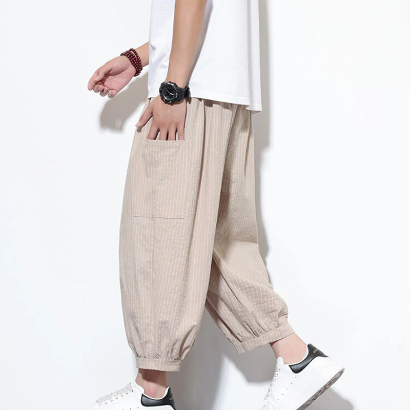 Buddha Stones Casual Striped Men's Cotton 7-8 Length Harem Pants With Pockets