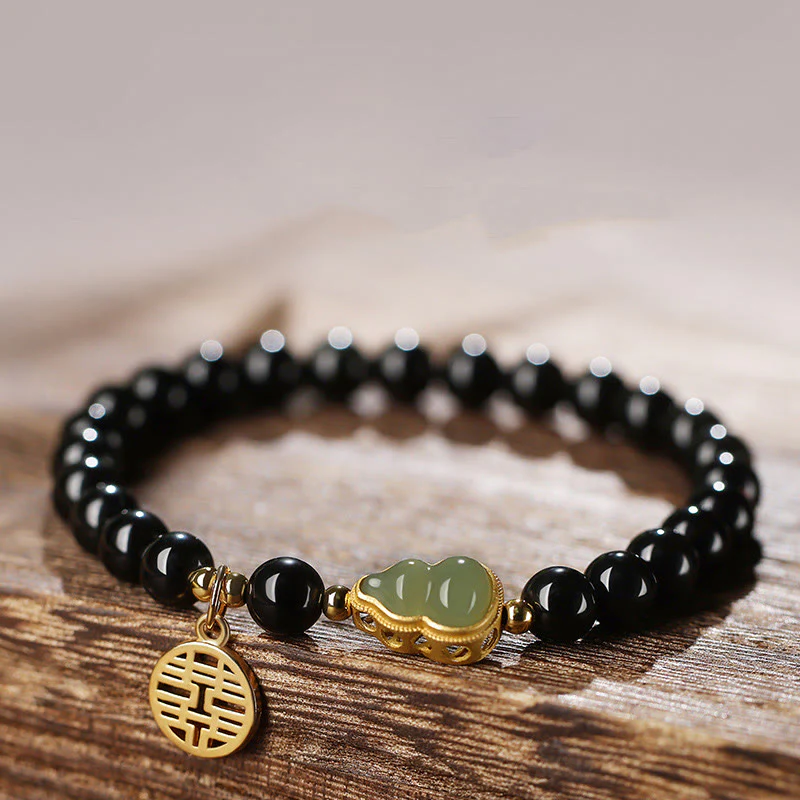 Buddha Stones Natural Black Obsidian Hetian Jade Gourd Double Happiness Strength Bracelet