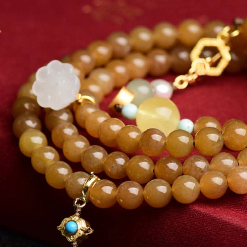 Buddha Stones Natural Hetian Topaz Amber Lotus White Jade Pearl Success Bracelet