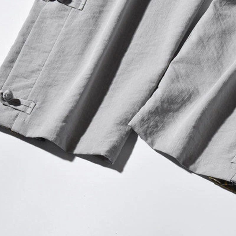 Buddha Stones Casual Patchwork Crane Pattern Frog-Button Design Men's Wide Leg Pants With Pockets