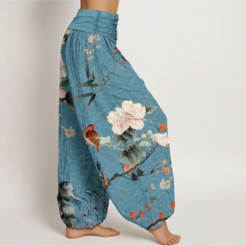 Buddha Stones Warbler Bird Blooming Flower Branches Mandala Pattern Women's Elastic Waist Harem Pants