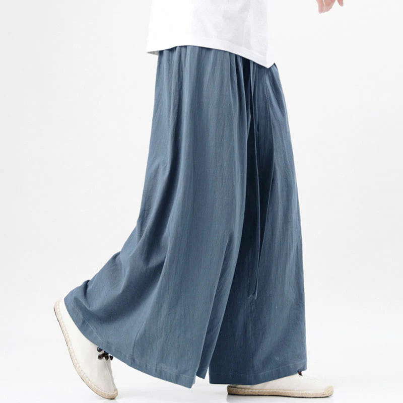 Buddha Stones Spring Casual Sports Drawstring Design Men's Cotton Linen Wide Leg Pants With Pockets
