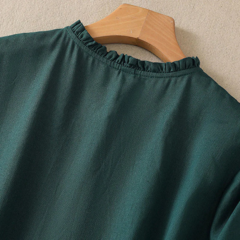 Buddha Stones DarkGreen Plain Ruffled Crew Neck Buttons Design Cotton Midi Dress With Pockets