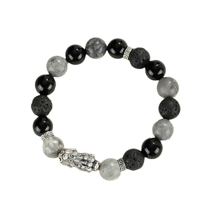 Buddha Stones 999 Sterling Silver PiXiu Black Onyx Grey Jasper Lava Rock Protection Bracelet