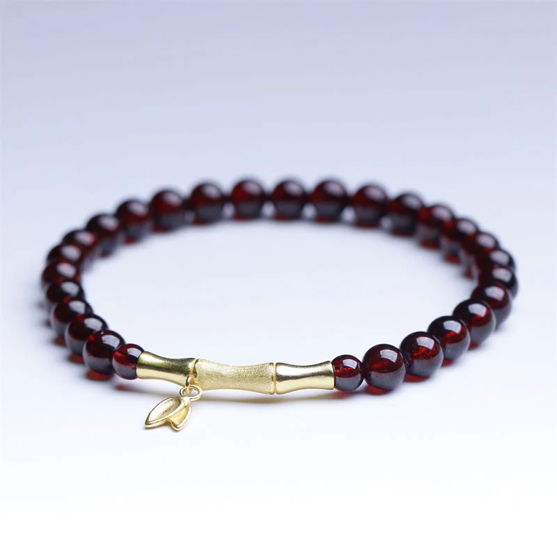 Buddha Stones 14K Copper Plated Gold 925 Sterling Silver Plated Gold Natural Garnet Bamboo Protection Bracelet