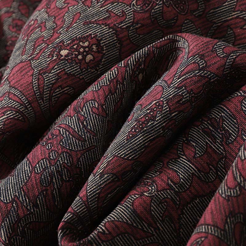 Buddha Stones Brown Retro Printing Floral Pattern Lapel Cotton Linen Midi Dress With Pockets