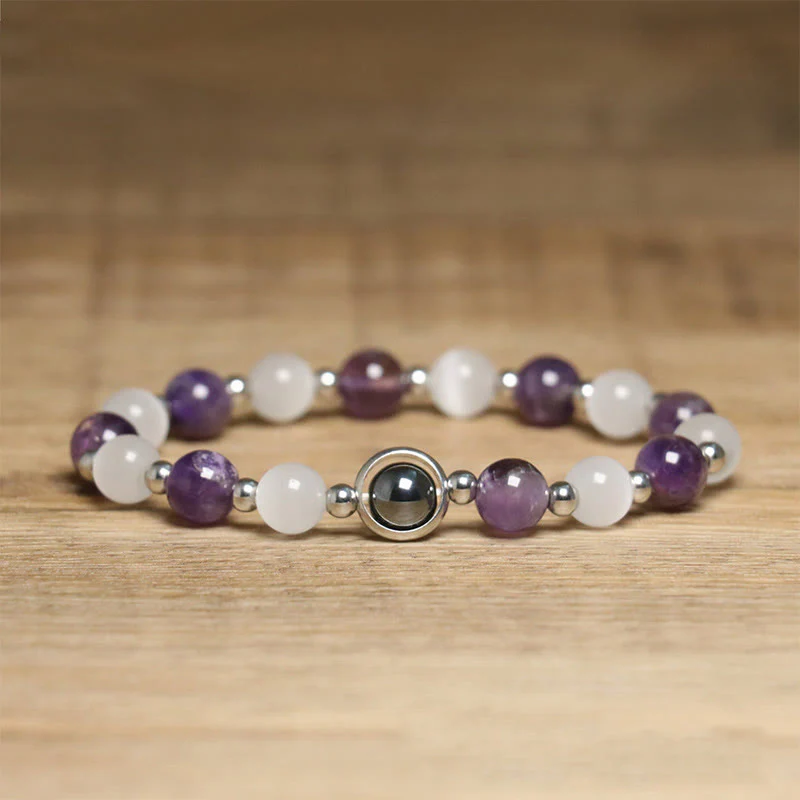 Buddha Stones Natural Amethyst White Cat's Eye Beads Balance Bracelet