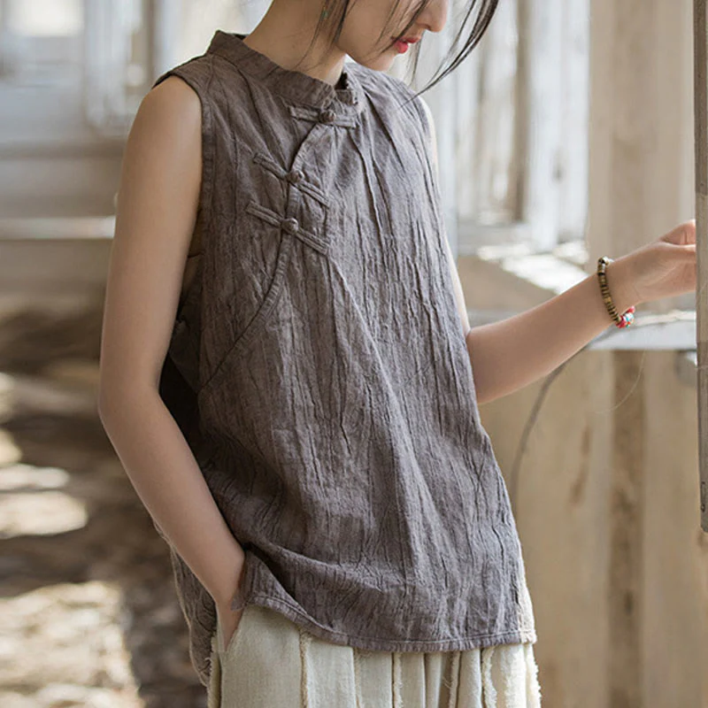 Buddha Stones Summer Tie-dye Frog-Button Ramie Cotton Sleeveless Women's Vest