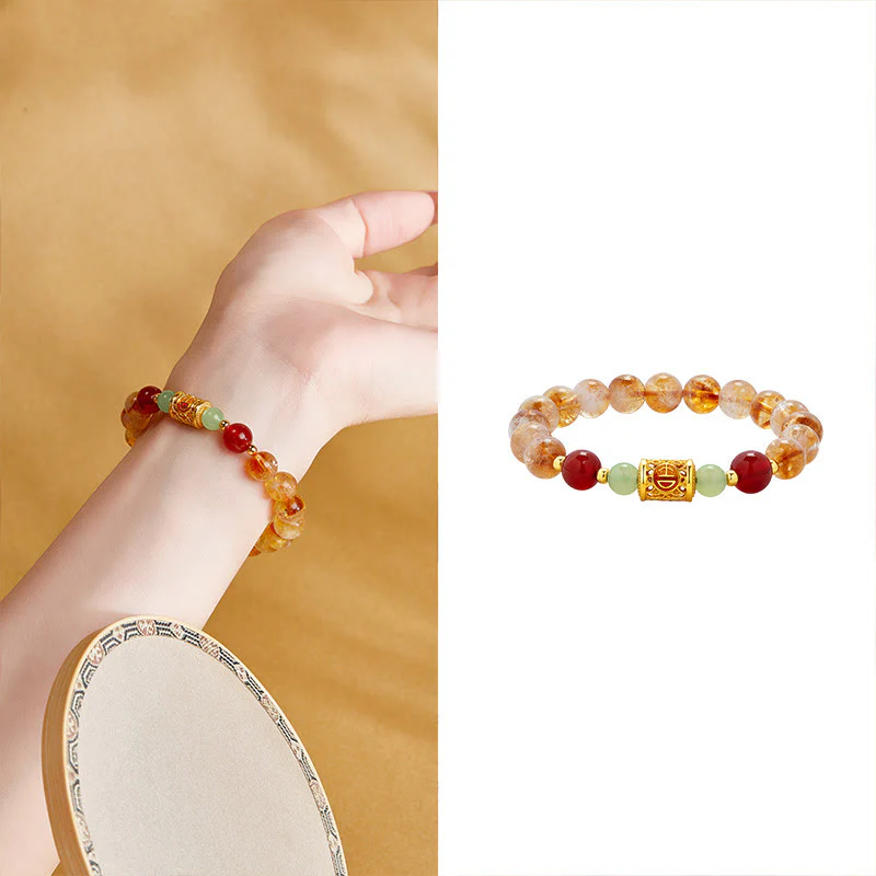 Buddha Stones 999 Sterling Silver Natural Citrine Red Agate Hetian Jade Beads Protection Bracelet