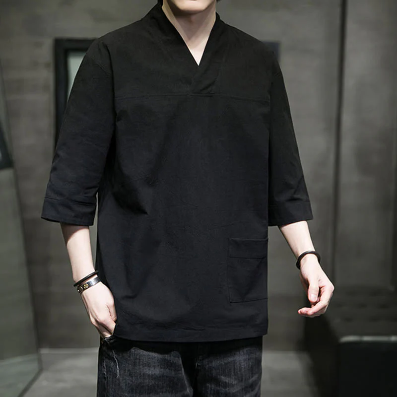 Buddha Stones Summer Casual Simple V-Neck Design Men's Cotton Linen Three Quarter Sleeve T-Shirt With Front Pocket