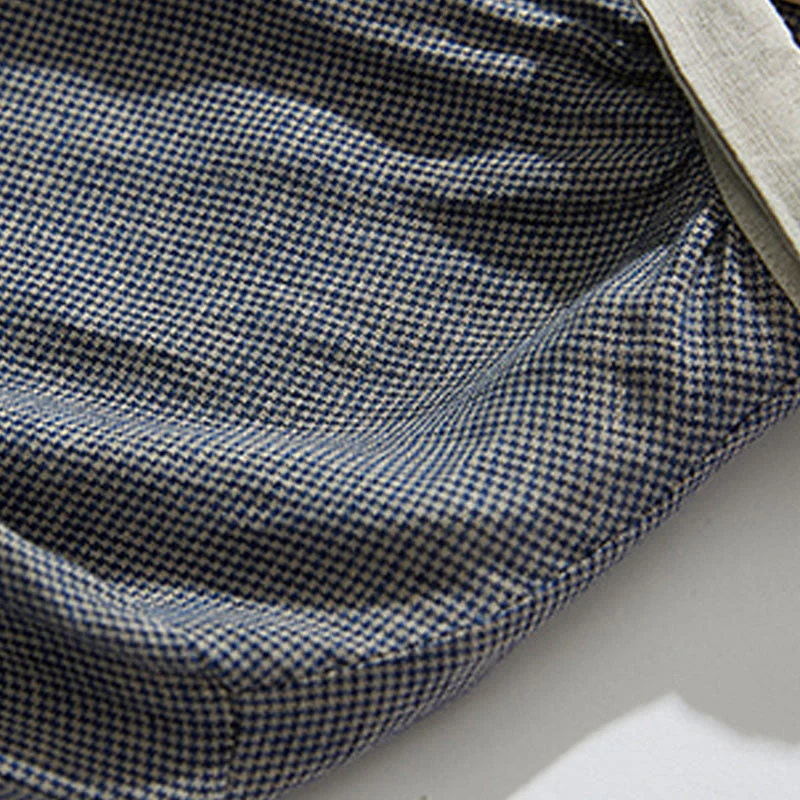 Buddha Stones Commute Retro DimGray Plaid Lantern Sleeve Cotton Linen Midi Dress With Pockets