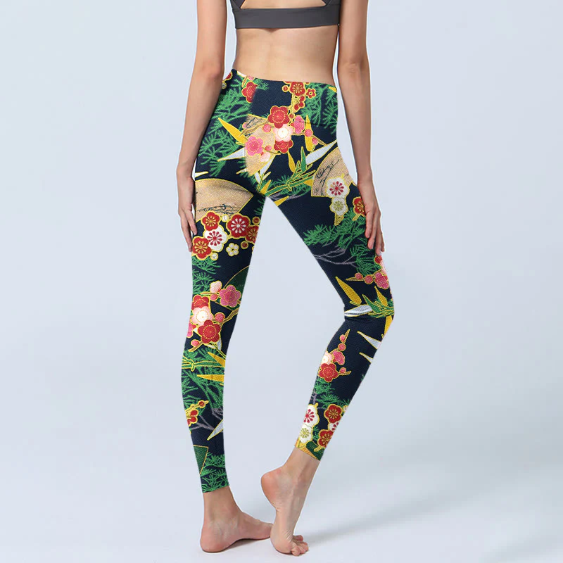 Buddha Stones Red Flowers Yellow-green Bamboo Pine Trees Print Gym Leggings Women's Yoga Pants