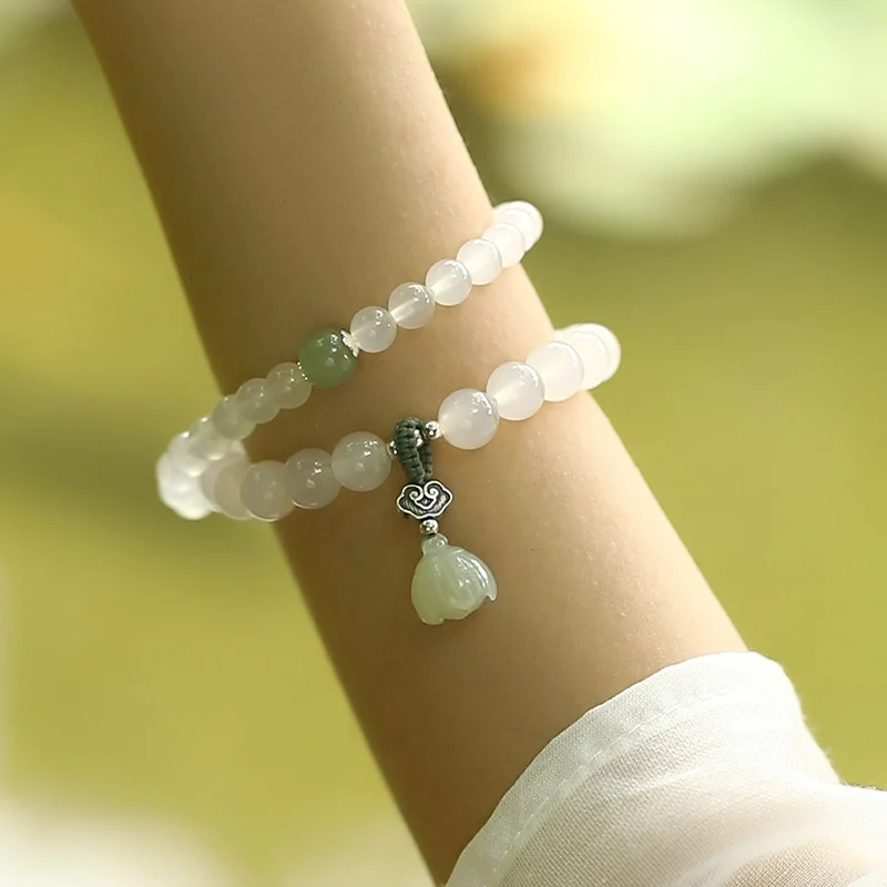 Buddha Stones White Agate Jade Lotus Protection Bracelet