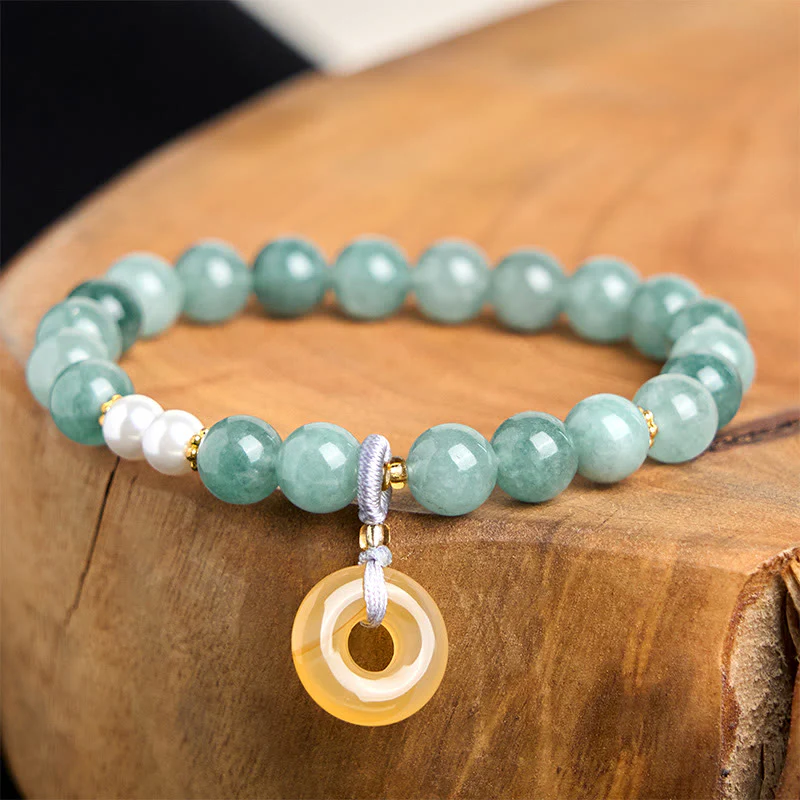 Buddha Stones Blue Jade Peace Buckle Pearl Beads Prosperity Bracelet