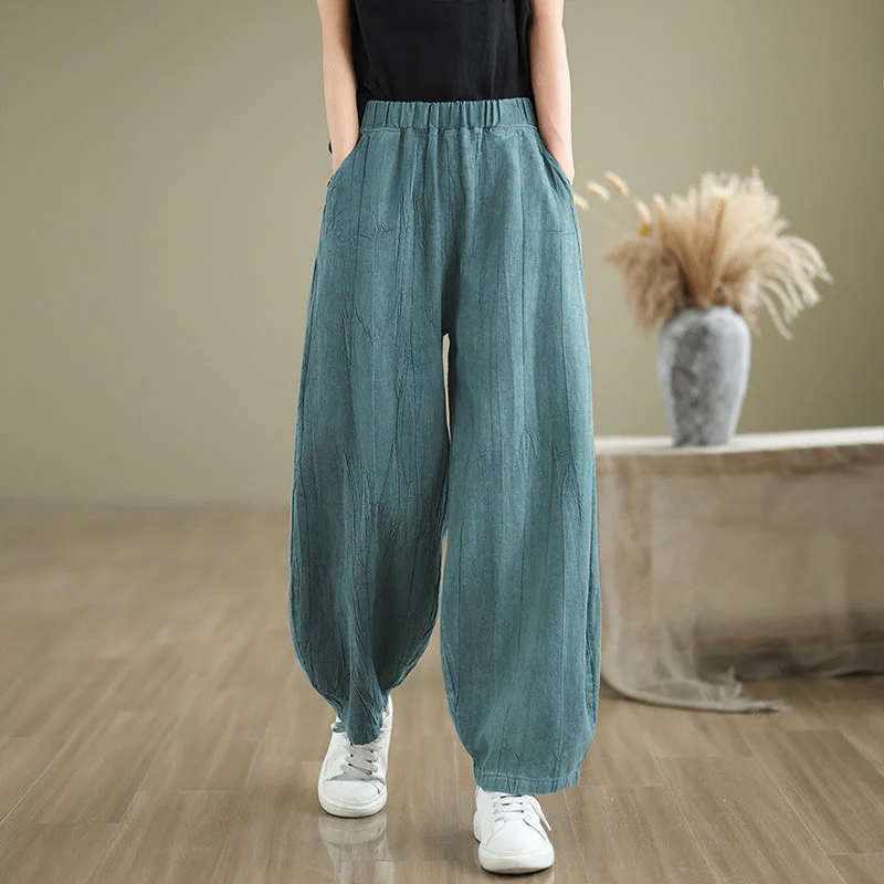 Buddha Stones Casual Plain Women's Cotton Linen Harem Pants With Pockets