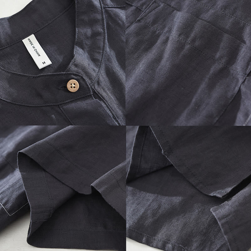 Buddha Stones Summer Half Buttons Design Lapel Men's Short Sleeve Linen Shirt With Pocket