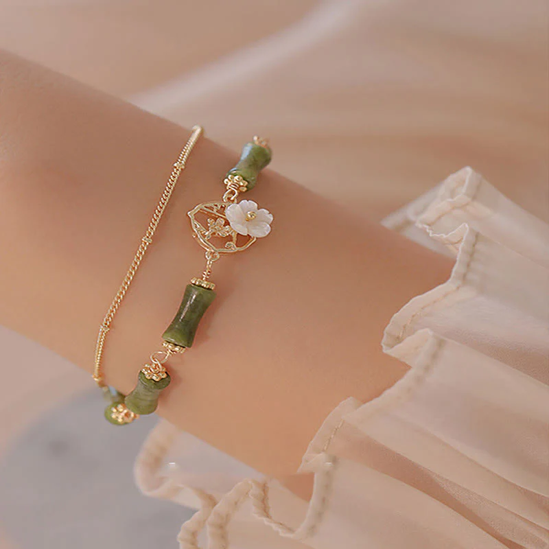 Buddha Stones 14k Gold Plated Copper Peridot Bamboo Flower Wealth Double Layer Bracelet