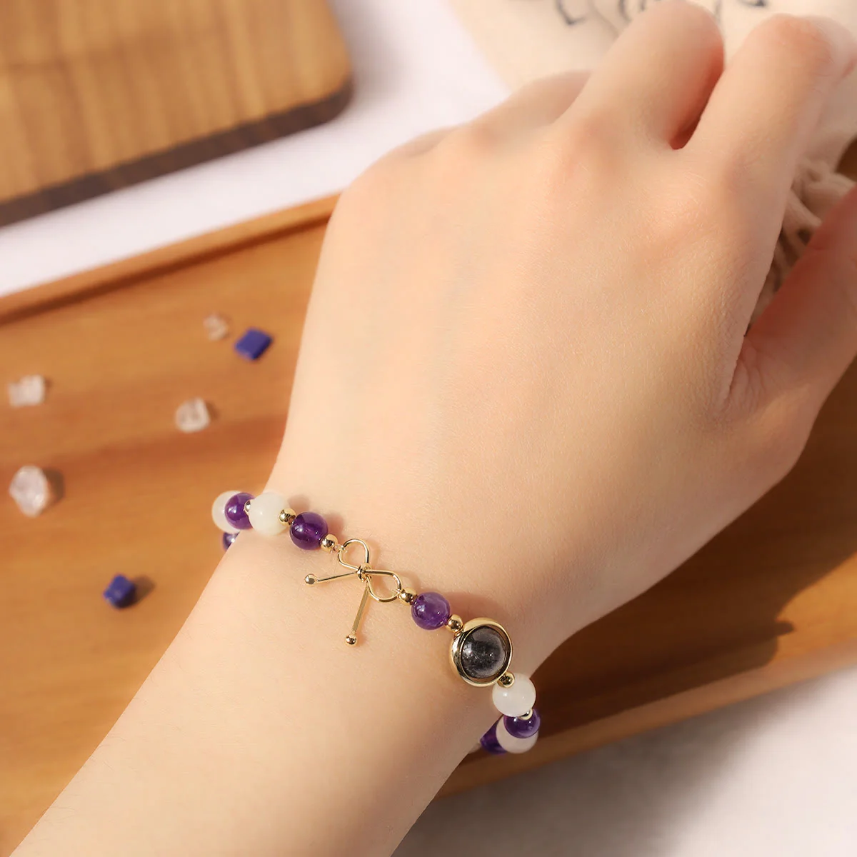 Buddha Stones Amethyst Cat Eye Black Rutilated Quartz Spiritual Bead Bracelet