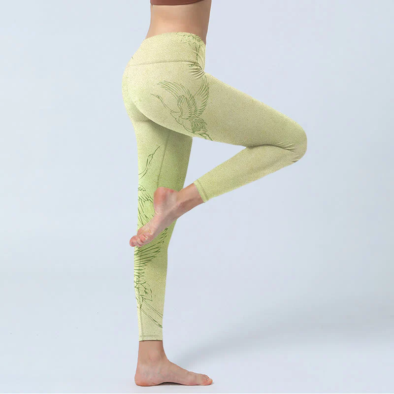 Buddha Stones Light Yellow Crane Print Sports Leggings Women's Yoga Pants