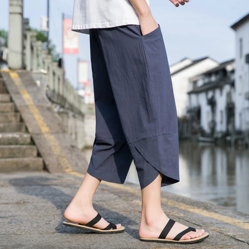 Buddha Stones Summer Casual Simple Plain Tapered Design Drawstring Men's  7-8 Length Cotton Linen Pants With Pockets