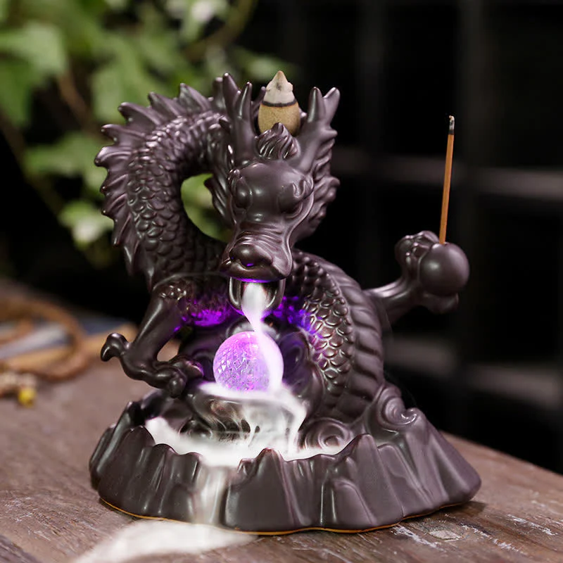 Buddha Stones Auspicious Dragon Ceramic Backflow Smoke Fountain Meditation Healing Incense Burner Led Ball Decoration