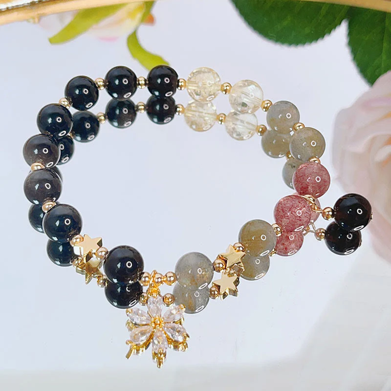 Buddha Stones Natural Silver Sheen Obsidian Love Heart Star Flower Protection Bracelet (Extra 30% Off | USE CODE: FS30)