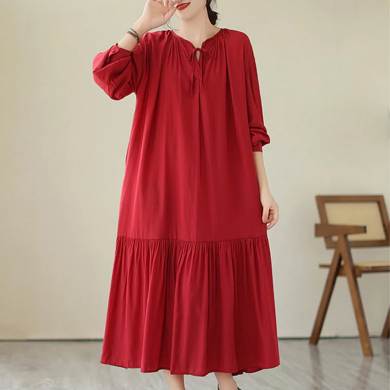 Buddha Stones Casual Plain Two-sided Style Dress Chiffon Midi Dress With Pockets