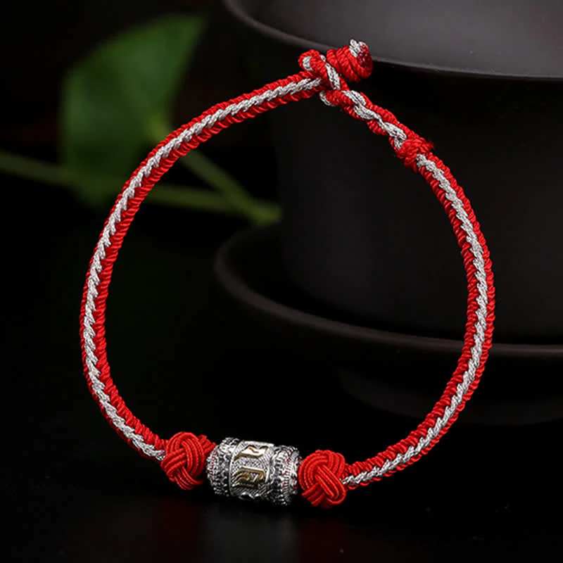 Buddha Stones 925 Sterling Silver Om Mani Padme Hum Prayer Wheel Luck Strength Red String Bracelet