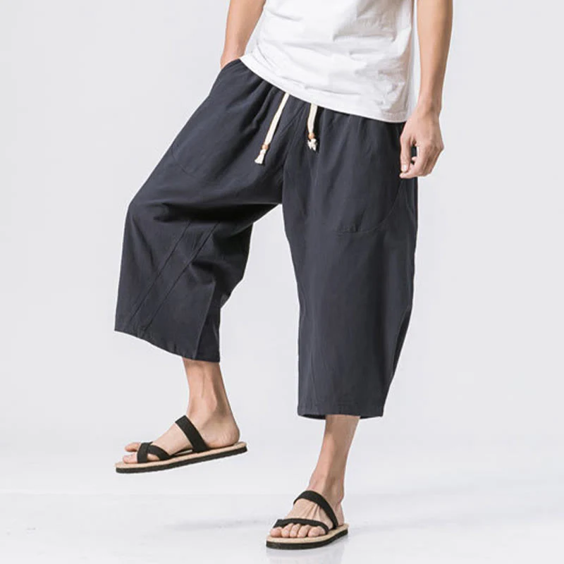 Buddha Stones Summer Casual Simple Plain Design 7-8 Length Men's Cotton Linen Drawstring Pants With Pockets