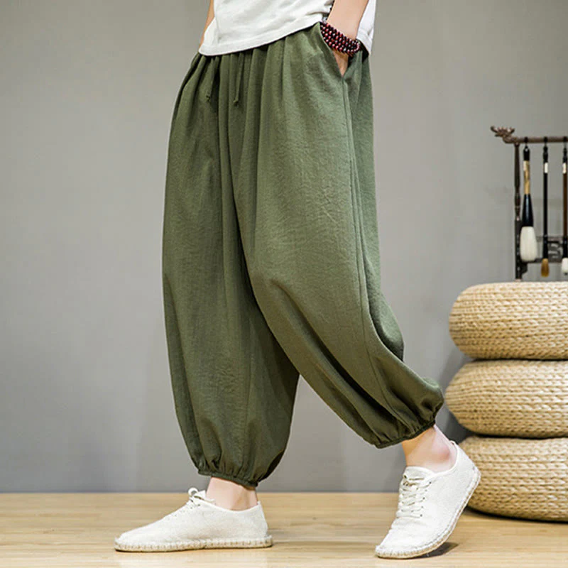Buddha Stones Summer Plain Drawstring Men's Ankle-Length Cotton Harem Pants With Pockets