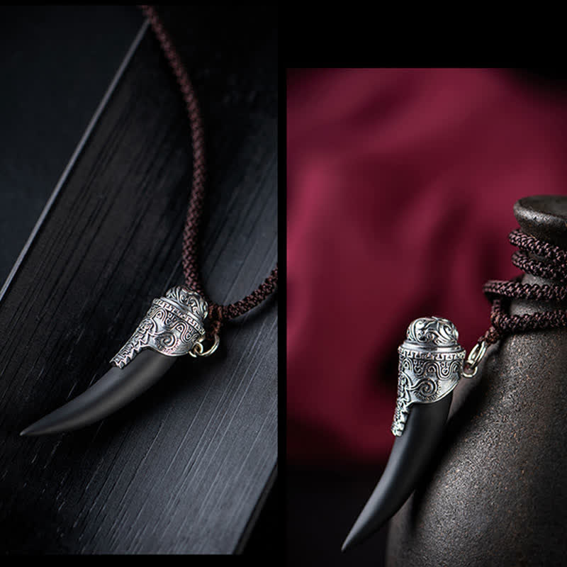 Buddha Stones 925 Sterling Silver Black Obsidian Wolf Tooth Pattern Strength Necklace Pendant