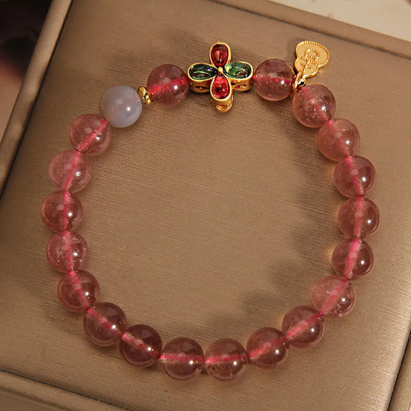 Buddha Stones Strawberry Quartz Four-leaf Clover Lucky Gourd Healing Bracelet