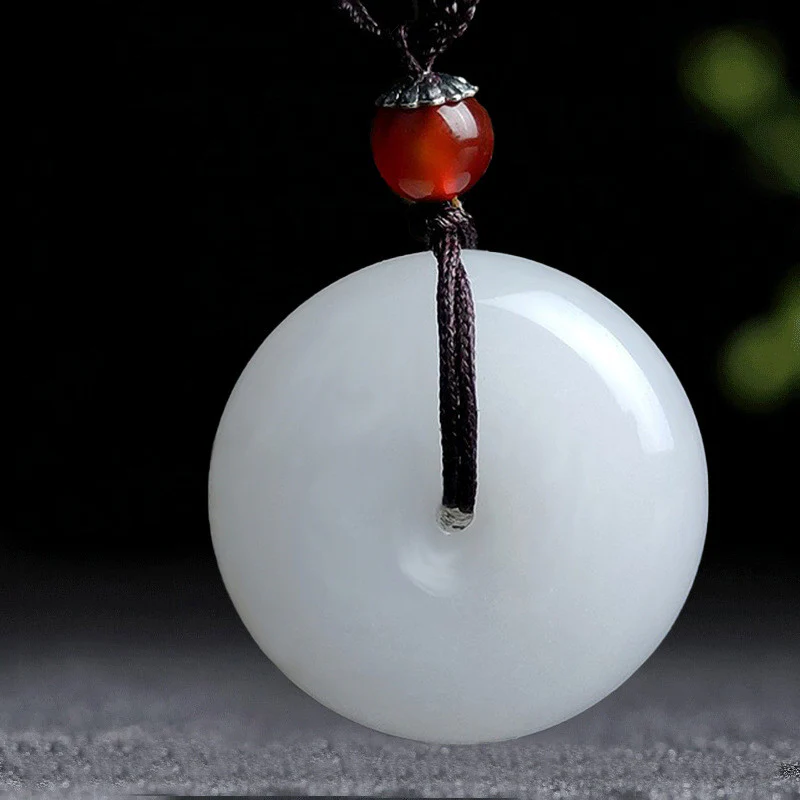 Buddha Stones Round Hetian White Jade Peace Buckle Blessing Necklace Pendant