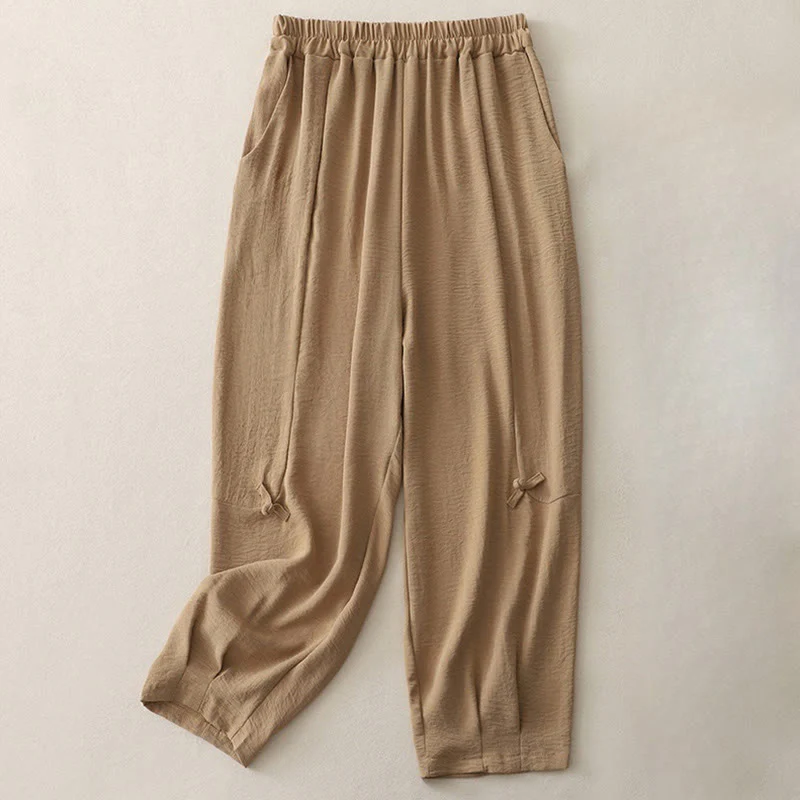 Buddha Stones Commute Casual Plain Frog-Button Design Women's Harem Cotton Linen 7-8 Length Pants With Pockets