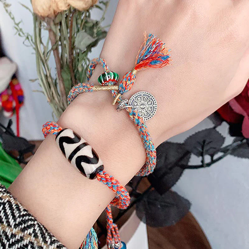 Buddha Stones Tibetan 925 Sterling Silver Om Mani Padme Hum Handmade Dzi Bead Protection Braid Bracelet