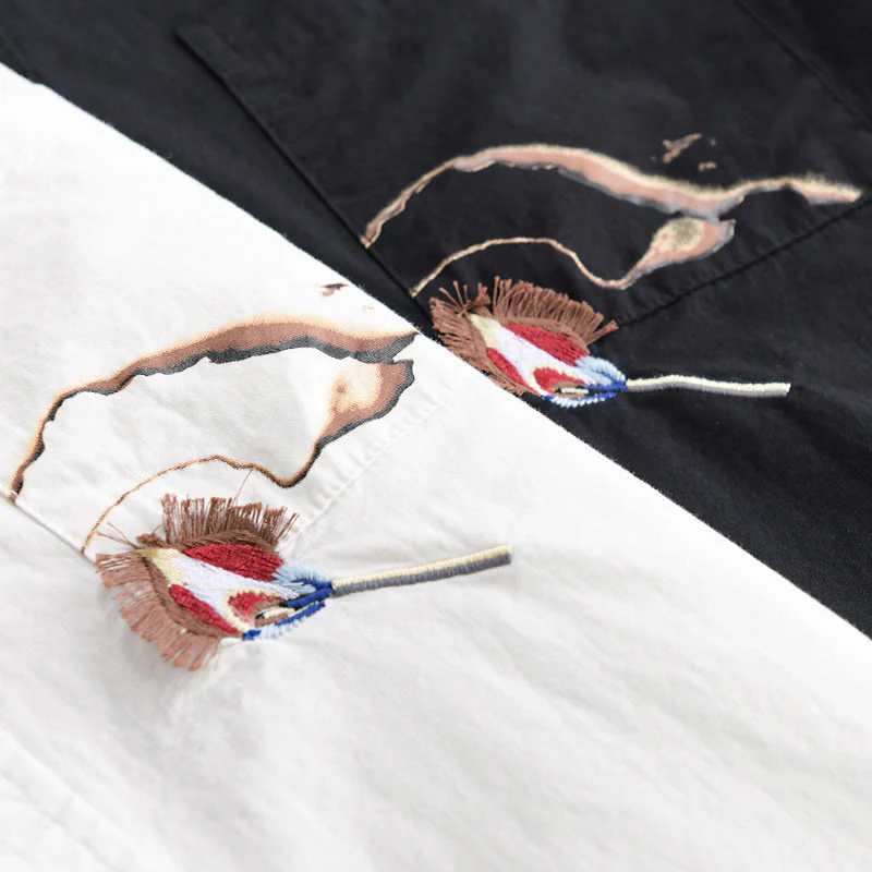 Buddha Stones Casual Embroidery Match Flame Pattern Lapel Men's Short Sleeve Cotton Shirt With Pocket