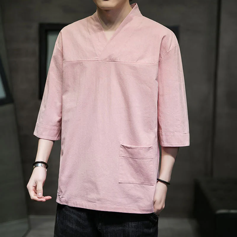 Buddha Stones Summer Casual Simple V-Neck Design Men's Cotton Linen Three Quarter Sleeve T-Shirt With Front Pocket