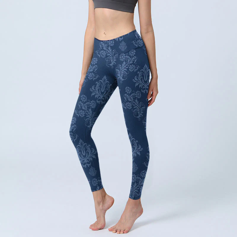 Buddha Stones Blue Floral Leaf Print Gym Leggings Women's Yoga Pants