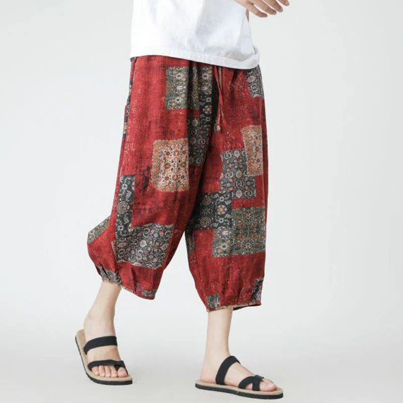 Buddha Stones Summer Square Patchwork Elephant Mandala Geometry Cotton Linen Men's 7-8 Length Pants With Pockets