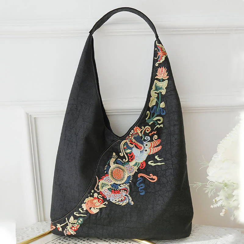 Buddha Stones Fish Flower Phoenix Embroidery Xiangyunsha Silk Shoulder Bag