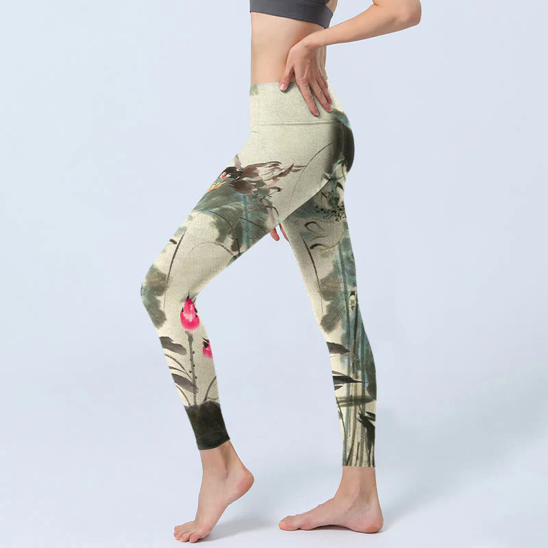Buddha Stones Lotus Bamboo Leaves Print Gym Leggings Women's Yoga Pants
