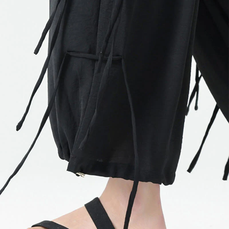 Buddha Stones Casual Loose Lanyard Design Waist Rope Men's 7-8 Length Spandex Pants With Pockets