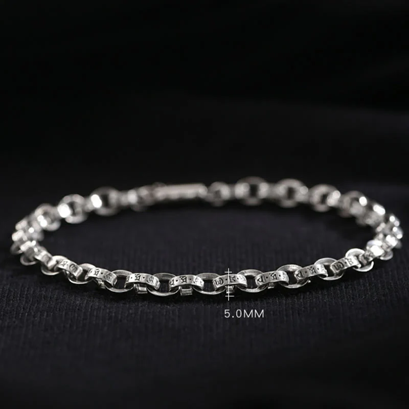 Buddha Stones 925 Sterling Silver Om Mani Padme Hum Carved Design Creativity Metal Bracelet