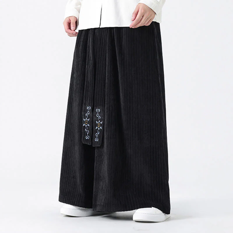 Buddha Stones Casual Embroidery Drawstring Design Men's Corduroy Wide Leg Pants With Pockets