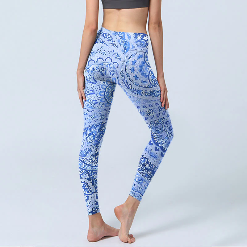 Buddha Stones Persian Style RoyalBlue White Flowers Pattern Print Exercise Leggings Women's Yoga Pants