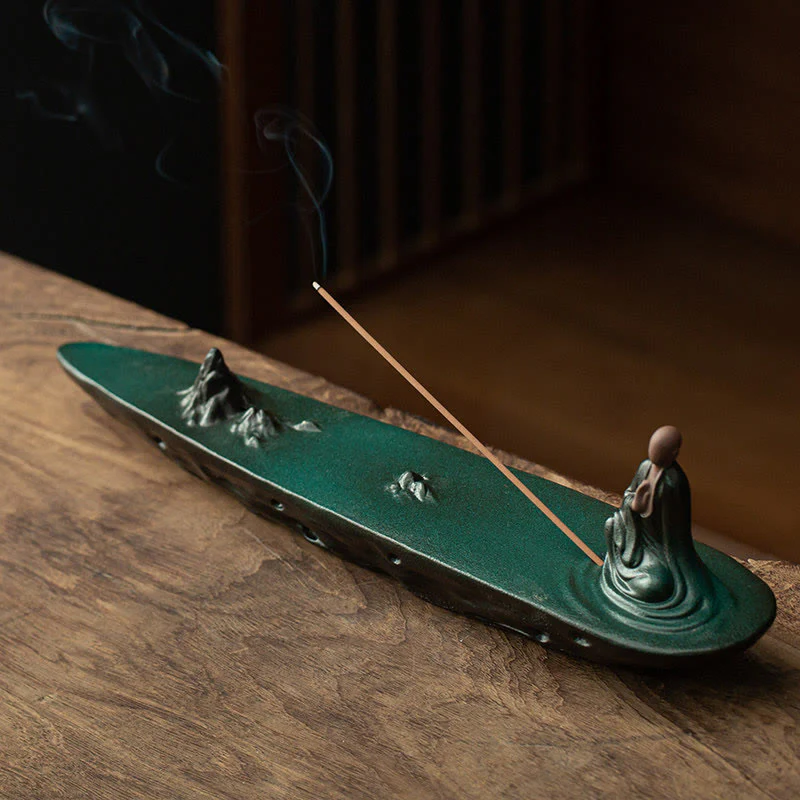 Buddha Stones Buddha Monk Ceramic Sea Wave Mountain Blessing Incense Burner Decoration