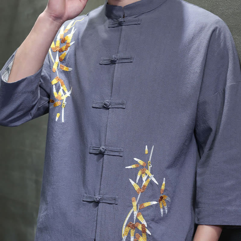 Buddha Stones Embroidery Men's  Chinese Frog-Button Three Quarter Sleeve Shirt Clothing