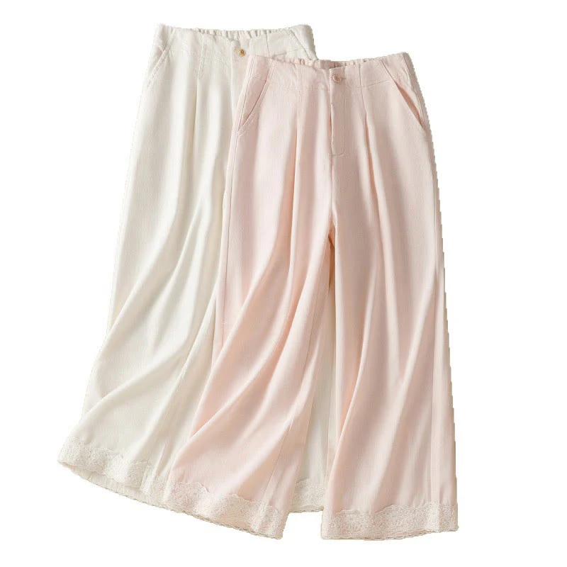 Buddha Stones Casual Lace Patchwork Design High Waist Women's Wide Leg Ankle-Length Pants With Pockets Zipper