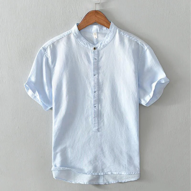Buddha Stones Causal Simple Design Short Sleeve Cotton Linen Half Button Men's Shirt