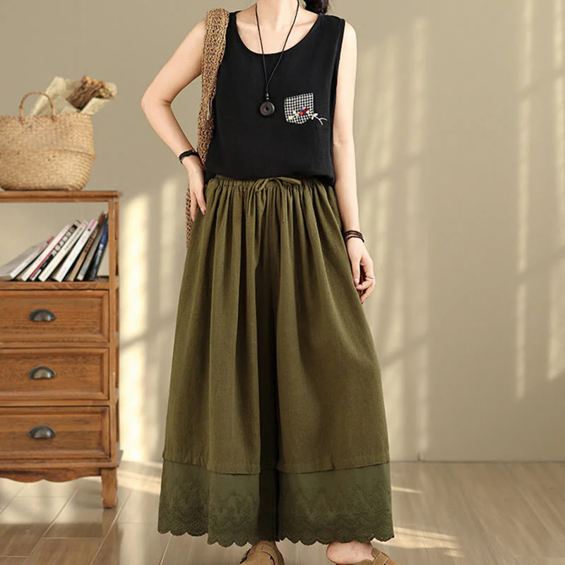 Buddha Stones Spring Embroidery Lace Hem Patchwork Drawstring Design Women's Wide Leg Cotton Pants With Pockets